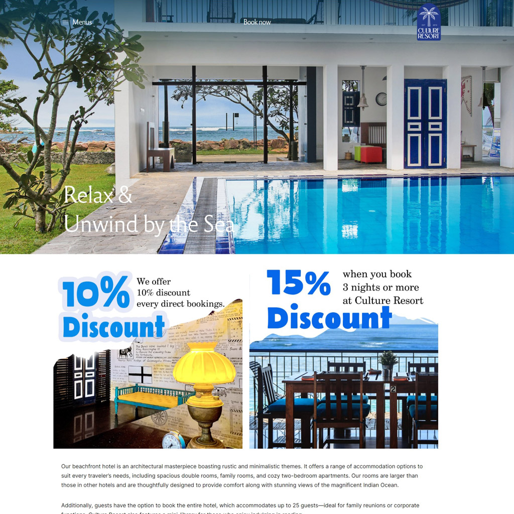 Culture Resort, Hotel In Matara Sri lanka - Redesign WordPress Website  